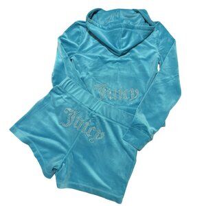 Juicy Couture Bling Velour Tracksuit Hoodie and Shorts Set Coastal Teal